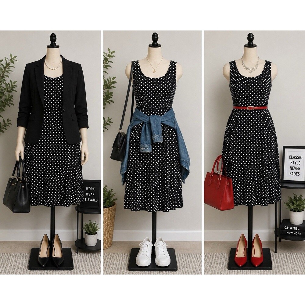 Jones Wear Dress Black White Polka Dot Faux Wrap V-Neck Cap Sleeve Midi Size 12